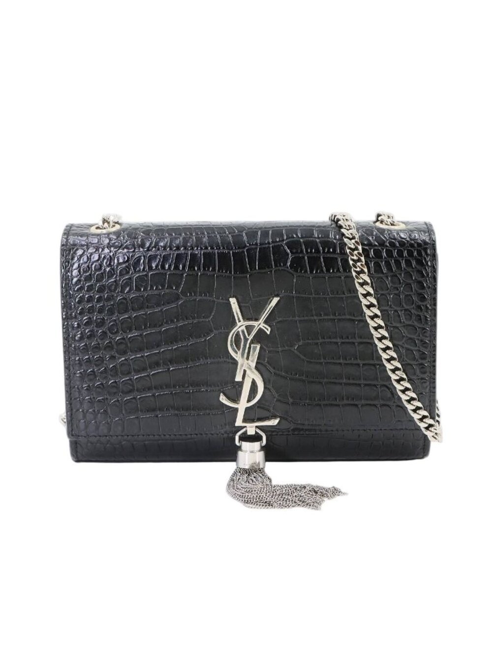 Saint Laurent Kate Small Chain Shoulder Bag Croco Embossed Leather Black
